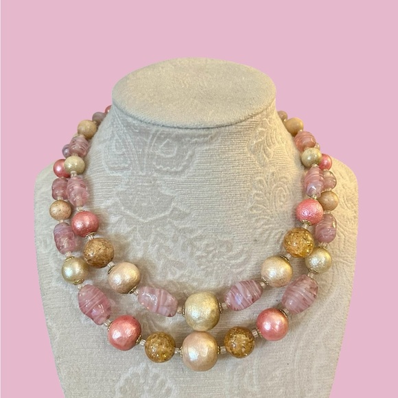 Vintage Jewelry - Vintage Pink Beaded Double-Strand Necklace | JAPAN